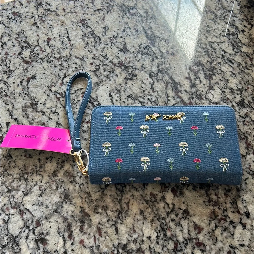 Betsey Johnson Denim Floral Wristlet Wallet - Picture 1 of 6